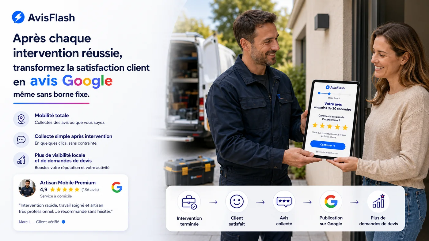 Artisan mobile utilisant une tablette Avis Flash pour collecter un avis Google après intervention