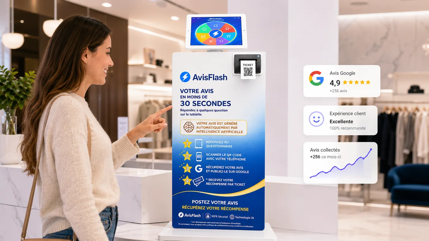 Borne Avis Flash dans un commerce physique pour collecter des avis Google en point de vente